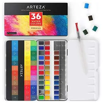 Arteza Watercolor Paint, Set of 36 Assorted Vibrant Colors in Half Pans (in Tin Box) with Water Brush Pen for Artists, Art Painting, Ideal for Watercolor Techniques