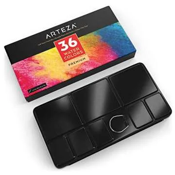 Arteza Watercolor Paint, Set of 36 Assorted Vibrant Colors in Half Pans (in Tin Box) with Water Brush Pen for Artists, Art Painting, Ideal for Watercolor Techniques