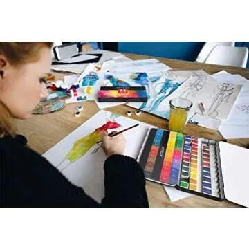 Arteza Watercolor Paint, Set of 36 Assorted Vibrant Colors in Half Pans (in Tin Box) with Water Brush Pen for Artists, Art Painting, Ideal for Watercolor Techniques