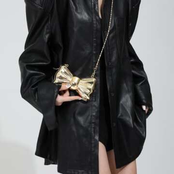 YJKIS Mini Women Metallic Bow Evening Clutch Bowknot Metal Handbag Cute Lipstick Bag Purse Chain Shoulder Bag for Party, Gold