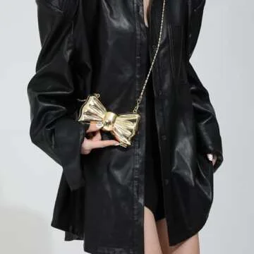 YJKIS Mini Women Metallic Bow Evening Clutch Bowknot Metal Handbag Cute Lipstick Bag Purse Chain Shoulder Bag for Party, Gold