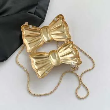 YJKIS Mini Women Metallic Bow Evening Clutch Bowknot Metal Handbag Cute Lipstick Bag Purse Chain Shoulder Bag for Party, Gold