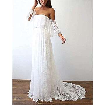 Andybridal Women's Vintage Off The Shoulder Lace Long Beach Wedding Bohemian Dress Ivory 16