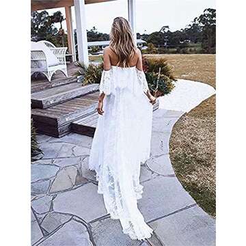 Andybridal Women's Vintage Off The Shoulder Lace Long Beach Wedding Bohemian Dress Ivory 16
