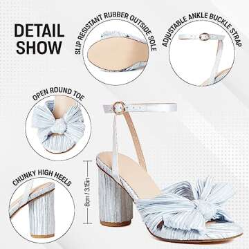 VOMIRA Bow Heels for Women Pleated Bowknot Heeled Sandals Summer Open Toe Ankle Buckle Strap Bridal Wedding Sandals