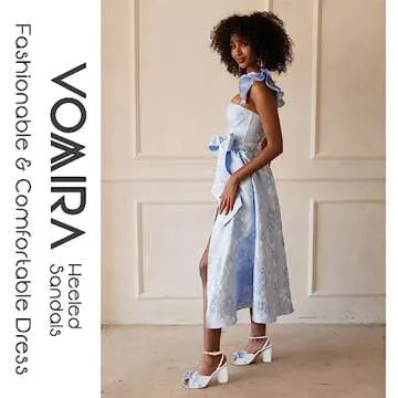 VOMIRA Bow Heels for Women Pleated Bowknot Heeled Sandals Summer Open Toe Ankle Buckle Strap Bridal Wedding Sandals