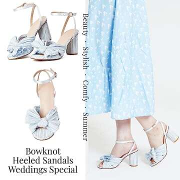 VOMIRA Bow Heels for Women Pleated Bowknot Heeled Sandals Summer Open Toe Ankle Buckle Strap Bridal Wedding Sandals