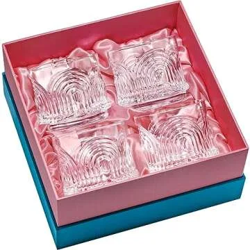 GLASSIQUE CADEAU Vintage Art Deco 1920s Lowball Cocktail Glasses | Set of 4 | 9 oz Crystal Old Fashioned Glassware for Drinking Classic Bar Drinks | Heavy Base Short Rocks Tumblers for Women