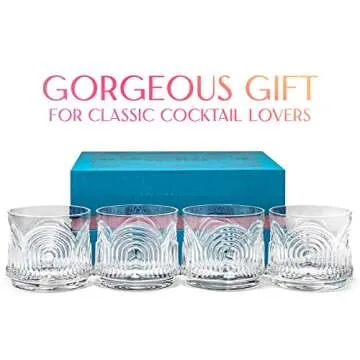GLASSIQUE CADEAU Vintage Art Deco 1920s Lowball Cocktail Glasses | Set of 4 | 9 oz Crystal Old Fashioned Glassware for Drinking Classic Bar Drinks | Heavy Base Short Rocks Tumblers for Women