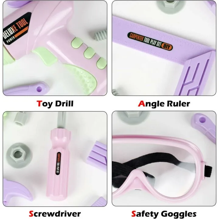 Kids Tool Set 18 Pieces with Electric Drill - Pink
