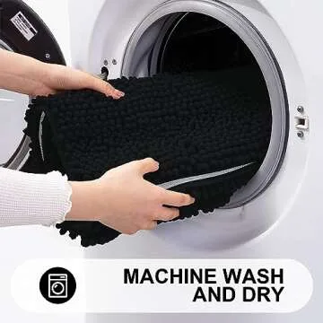 Grandaily Chenille Striped Bathroom Rugs 47x17, Extra Thick and Absorbent Bath Rugs, Non-Slip Soft Plush Shaggy Bath Carpet, Machine Wash Dry, Bath Mats for Bathroom, Black