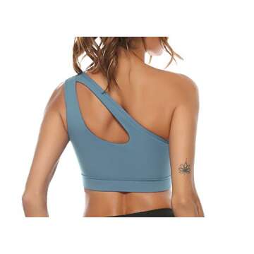 Sykooria Womens One Shoulder Sports Bras Workout Yoga Bra Sexy Cute Medium Support Light Gray Blue