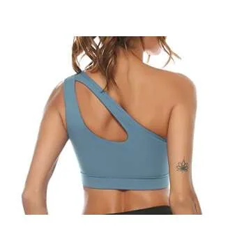 Sykooria Womens One Shoulder Sports Bras Workout Yoga Bra Sexy Cute Medium Support Light Gray Blue