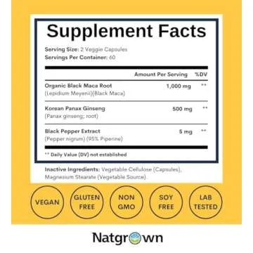 Natgrown Black Maca Root + Panax Ginseng Powder Capsules 1500 mg with Black Peruvian Maca Root & Korean Panax Ginseng Supplement for Men and Women - Vegan Pills (120 Count)
