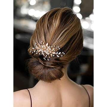 SWEETV Flower Bride Wedding Hair Comb Pearl Bridal Crystal Leaf Gold Headpiece Rhinestones Handmade ...