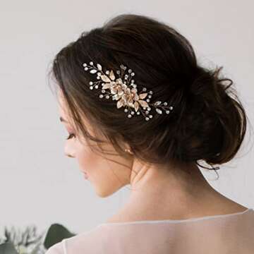 SWEETV Flower Bride Wedding Hair Comb Pearl Bridal Crystal Leaf Gold Headpiece Rhinestones Handmade Jewelry for Women and Girls