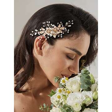 SWEETV Flower Bride Wedding Hair Comb Pearl Bridal Crystal Leaf Gold Headpiece Rhinestones Handmade Jewelry for Women and Girls