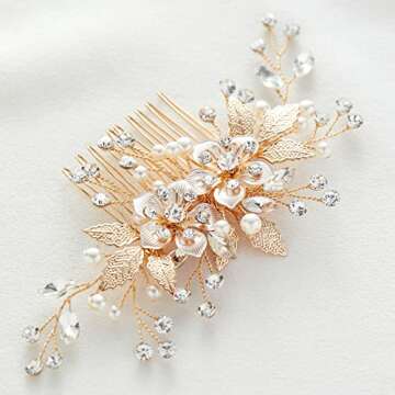 SWEETV Flower Bride Wedding Hair Comb Pearl Bridal Crystal Leaf Gold Headpiece Rhinestones Handmade Jewelry for Women and Girls