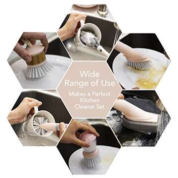 Cook with Color 6 Pc Kitchen Dish Brush Set, Scrub Brush for Dishes, Scrub Brush with Soap Dispenser, Palm Brush, Bottle Brush (Pink)