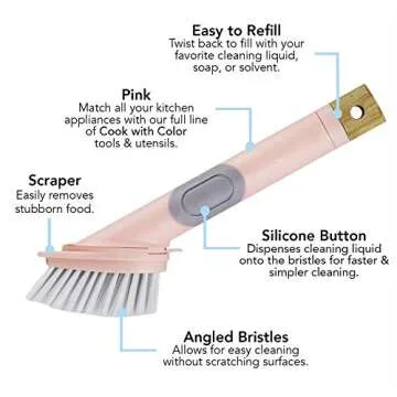 Cook with Color 6 Pc Kitchen Dish Brush Set, Scrub Brush for Dishes, Scrub Brush with Soap Dispenser, Palm Brush, Bottle Brush (Pink)