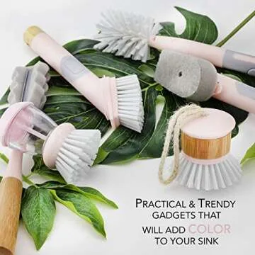 Cook with Color 6 Pc Kitchen Dish Brush Set, Scrub Brush for Dishes, Scrub Brush with Soap Dispenser, Palm Brush, Bottle Brush (Pink)