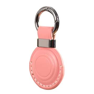 KEEPXYZ Genuine Leather Airtag Holder Suitable for Apple Airtag Keychain Leather, Secure Air Tag Holder with Stainless Steel Ring Lock, Durable Airtag Case Cover Key Ring - Pink V2.0 (No Hole)