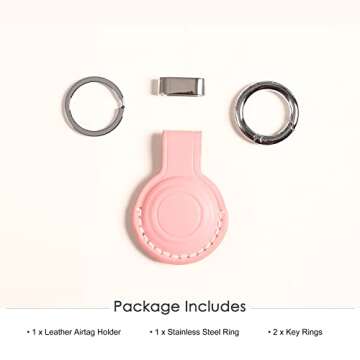 KEEPXYZ Genuine Leather Airtag Holder Suitable for Apple Airtag Keychain Leather, Secure Air Tag Holder with Stainless Steel Ring Lock, Durable Airtag Case Cover Key Ring - Pink V2.0 (No Hole)