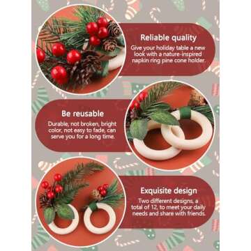 12PCS Christmas Napkin Rings, Lorvain Xmas Napkin Buckles Set Pine Cones Needles Napkin Holders Wooden Tableware Supplies for Christmas Holiday Dinner Table Decoration (Wood)
