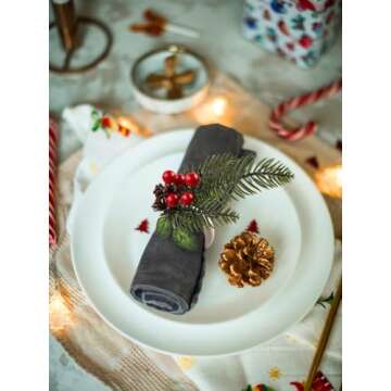 12PCS Christmas Napkin Rings, Lorvain Xmas Napkin Buckles Set Pine Cones Needles Napkin Holders Wooden Tableware Supplies for Christmas Holiday Dinner Table Decoration (Wood)