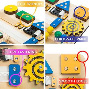 EvoKids Wooden Sorting Stacking Toy Busy Board for Toddlers – Zipper, Buckle in Handmade Activity ...