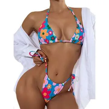 Romwe Women's Allover Floral Print String Triangle Halter 2 Piece Bikini Swimsuit Beachwear Blue M