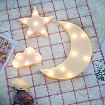 GUOCHENG Lovely White Moon Star Cloud Light Set Battery Operated LED Marquee Light Sign Warm White B...