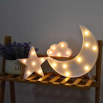 GUOCHENG Lovely White Moon Star Cloud Light Set Battery Operated LED Marquee Light Sign Warm White Bedside Lamps for Kids Children Bedroom Nursery, Baby Standing Night Light