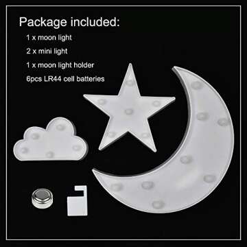 GUOCHENG Lovely White Moon Star Cloud Light Set Battery Operated LED Marquee Light Sign Warm White Bedside Lamps for Kids Children Bedroom Nursery, Baby Standing Night Light