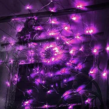 FUNPENY Halloween 80 LED Spider Web Lights with Spider, Battery Powered 8 Modes Light up Cobweb Halloween Decorations for Indoor Ourdoor Garden Yard Home Patio (Purple)