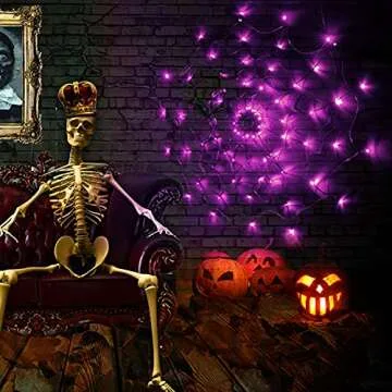 FUNPENY Halloween 80 LED Spider Web Lights with Spider, Battery Powered 8 Modes Light up Cobweb Halloween Decorations for Indoor Ourdoor Garden Yard Home Patio (Purple)