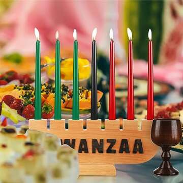 Sliner Kwanzaa Decorations Kwanzaa Candle Holder Kwanzaa Kinara Set Driplesstaper 3 Red 3 Green 1 Black Kwanzaa Wooden Wood Unity Cup African Holiday Mishumbaa Saba(Classic Style)