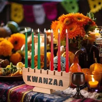 Sliner Kwanzaa Decorations Kwanzaa Candle Holder Kwanzaa Kinara Set Driplesstaper 3 Red 3 Green 1 Black Kwanzaa Wooden Wood Unity Cup African Holiday Mishumbaa Saba(Classic Style)