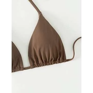 SOLY HUX Women's Halter Triangle Bikini Top Tie Back Bathing Suit Top Sexy Swimwear for Women Solid Coffee Brown S