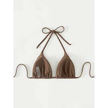 SOLY HUX Women's Halter Triangle Bikini Top Tie Back Bathing Suit Top Sexy Swimwear for Women Solid Coffee Brown S