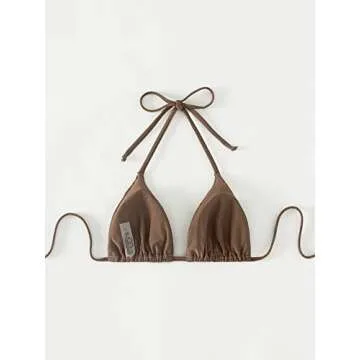SOLY HUX Women's Halter Triangle Bikini Top Tie Back Bathing Suit Top Sexy Swimwear for Women Solid Coffee Brown S