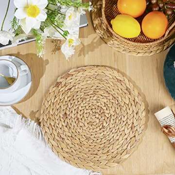 Sratte Chrismas Round Woven Placemats Boho Rustic Braided Placemats Water Hyacinth Heat Resistant Non Slip Table Mat for Dining Table Home Wedding Indoor Outdoor, 12 Inch(4 Pieces)