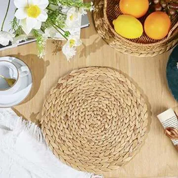 Sratte Chrismas Round Woven Placemats Boho Rustic Braided Placemats Water Hyacinth Heat Resistant Non Slip Table Mat for Dining Table Home Wedding Indoor Outdoor, 12 Inch(4 Pieces)