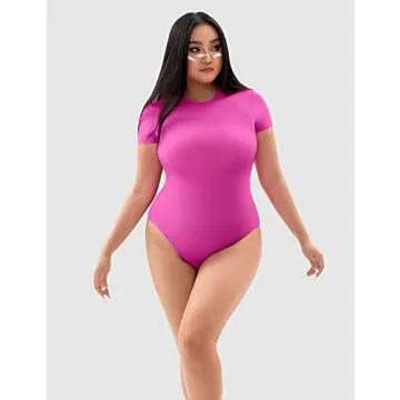 PUMIEY Bodysuit for Women Short Sleeve Pink Body Suits Pink Tops Women Fashion Clothing Blush X-Small