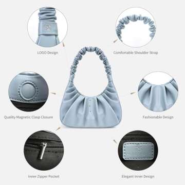 PS PETITE SIMONE Mini Purse Shoulder Bag for Women Fashion Blue Small Ruched Handbags Sofii Clutch Hobo Bag Trendy Purse for Lady