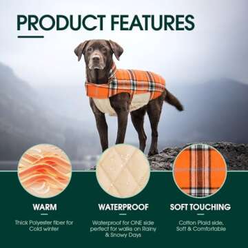 Kuoser Warm Dog Coat, Reversible Dog Jacket Waterproof Dog Winter Coat British Style Plaid Dog Clothes Pet Dog Cold Weather Coats Cozy Snow Jacket Vest for Small Medium Large Dogs Orange L