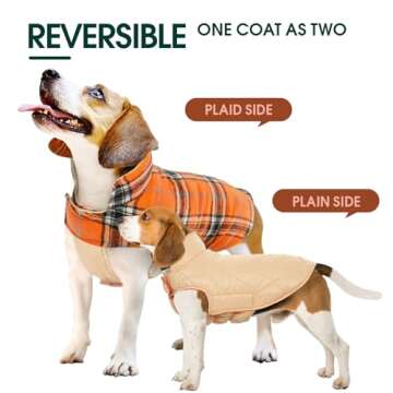 Kuoser Warm Dog Coat, Reversible Dog Jacket Waterproof Dog Winter Coat British Style Plaid Dog Clothes Pet Dog Cold Weather Coats Cozy Snow Jacket Vest for Small Medium Large Dogs Orange L