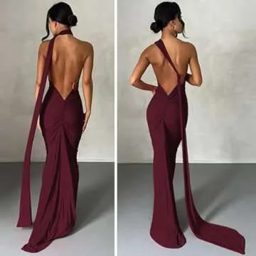 Yazinie Women Sexy Backless Dress Open Back Dress Cocktail Maxi Dress for Women Burgundy