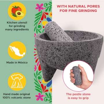 Molcajete 6 in Mexican, Handmade with Natural Volcanic Stone, Artisanal Kitchen Utensil for Grinding...