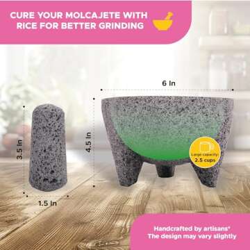 Molcajete 6 in Mexican, Handmade with Natural Volcanic Stone, Artisanal Kitchen Utensil for Grinding with Pores for Crushing, Specially Designed for Grinding Spices, Sauces, and Guacamole
